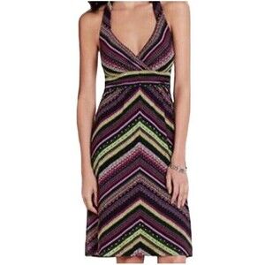 Soma Size M Halter Dress Black Purple Multi Chevron Sundress Stretch Soft Midi